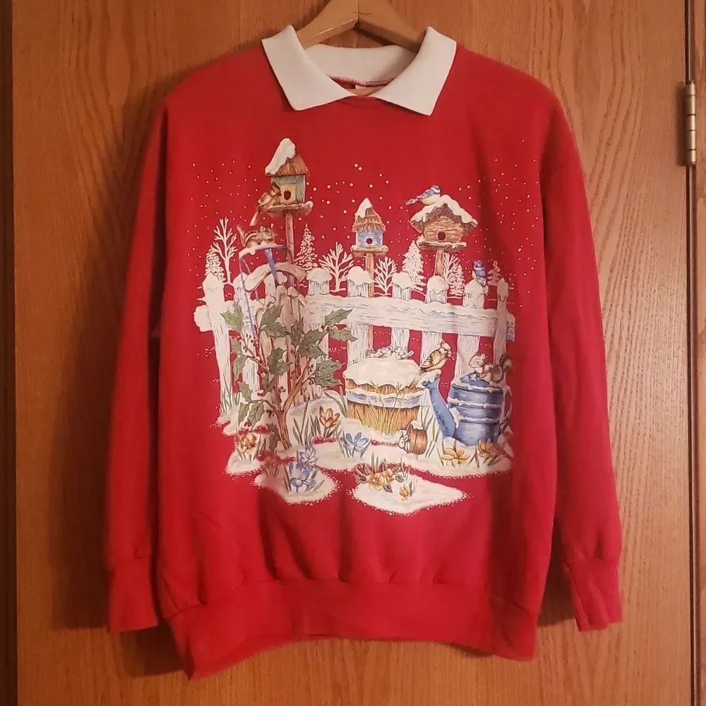 Vintage Nutcracker Granny Christmas Sweater Bird Houses Fence Winter Scene Sz L